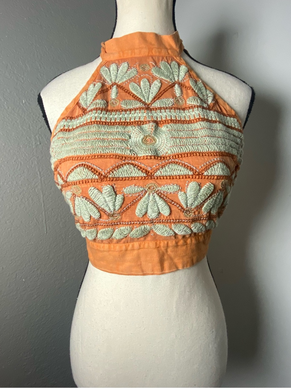 Free People Boho Orange & Green Embroidered Halter Top Size Small